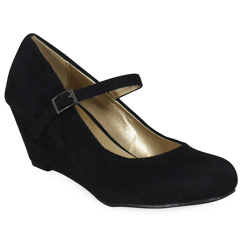 WOMENS LADIES MARY JANE SUEDE LOW HEEL WEDGE CASUAL WORK POSH COURT